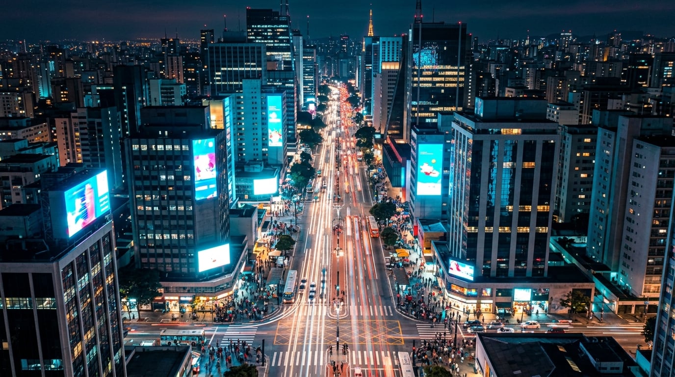 Telas digitais WideAds iluminando uma rua comercial brasileira à noite
